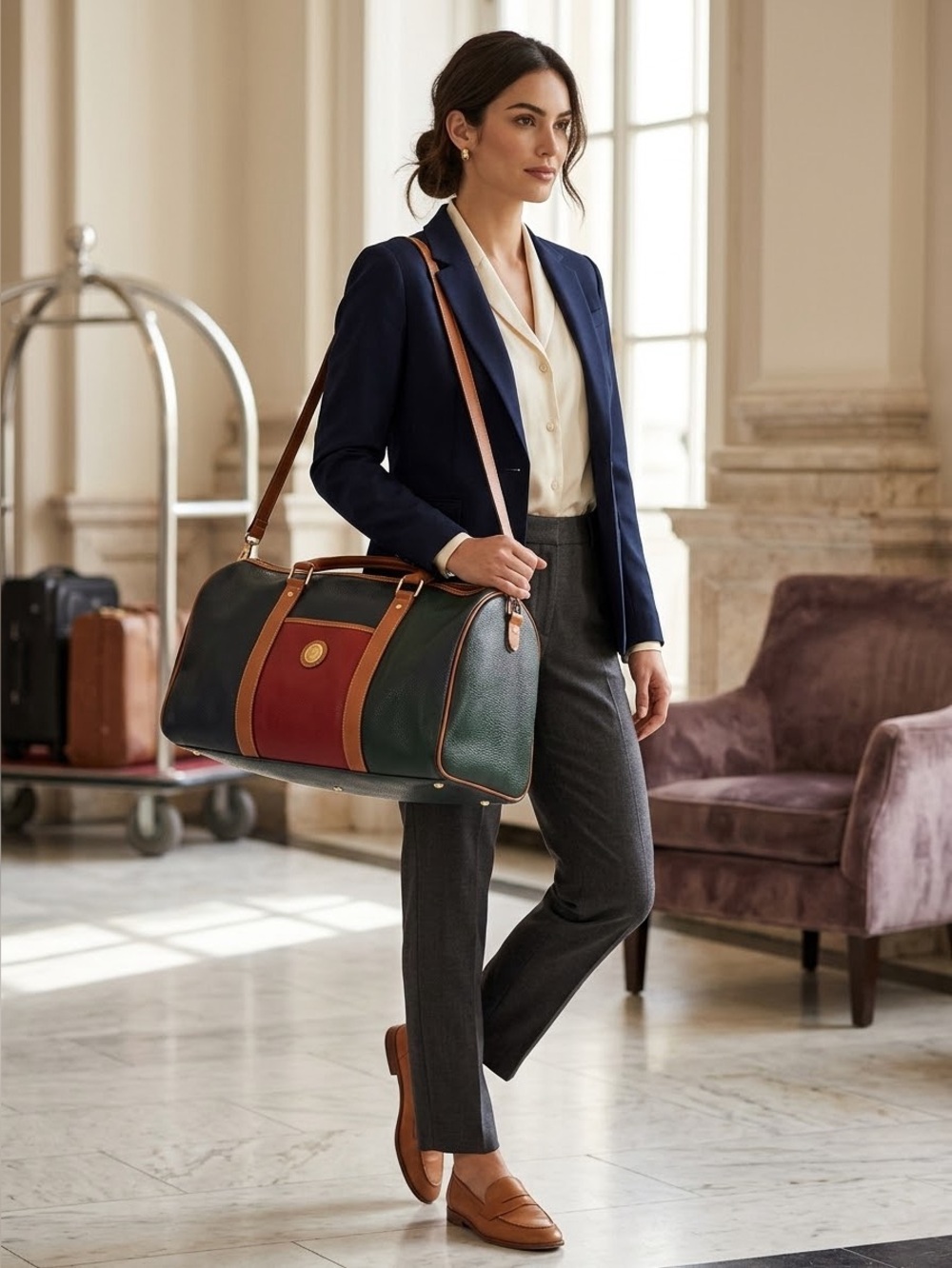 ALFRED SUNG Two-Tone Leather Duffel in Navy, Green, Red & Tan